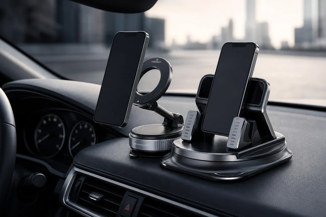 Premium car dashboard with suction and magnetic phone mount setups