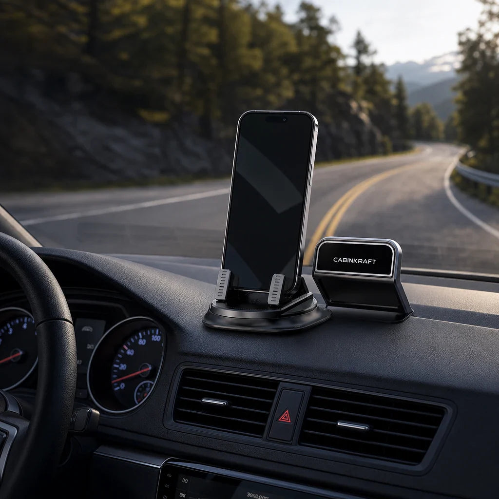 CabinKraft phone mount holding a smartphone on a car dashboard.