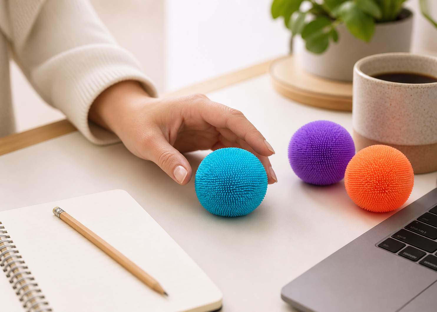 Fuzzy sensory ball on a clean desk.