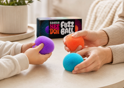 Family sensory play scene with fuzzy balls